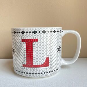 Bee and Willow red L monogram coffee tea mug in white with black honeycomb